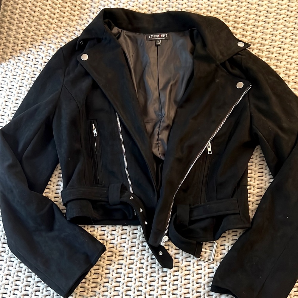 Faux suede cropped black biker jacket